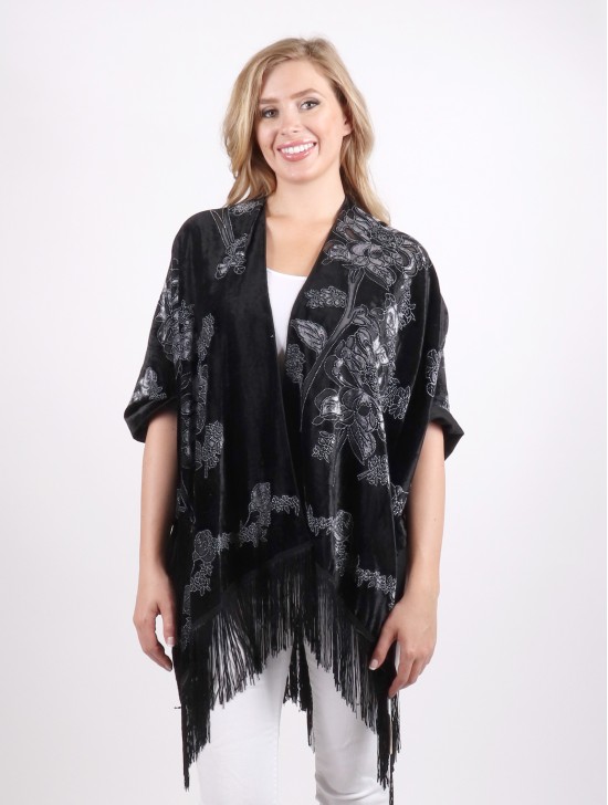 Velvet Floral Print Cape W/ Fringes